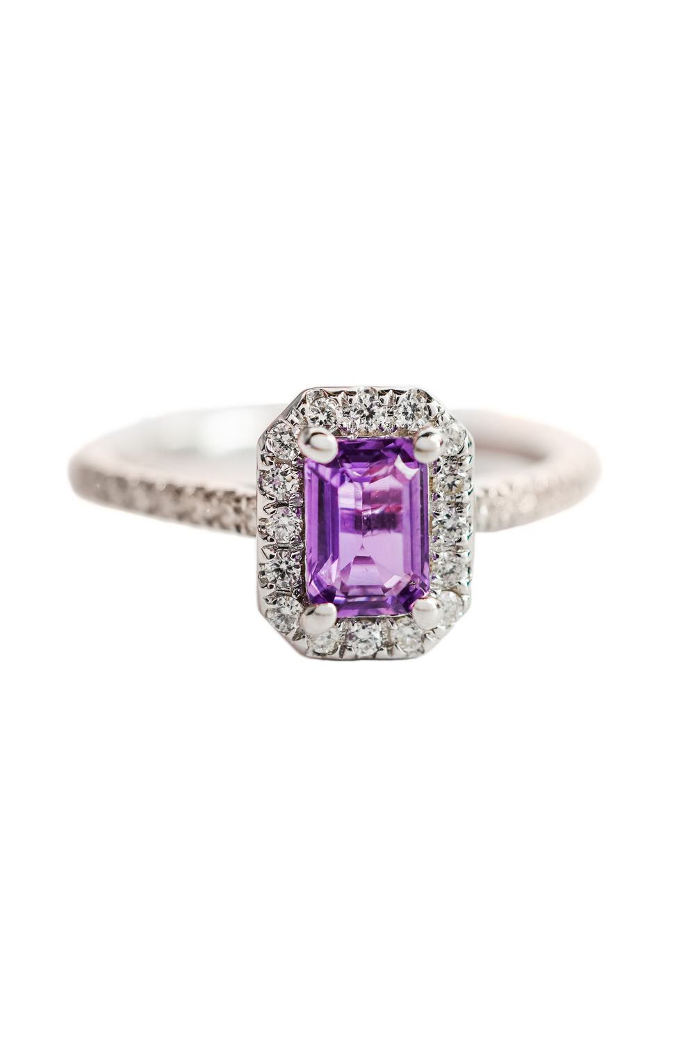 Emerald Cut Purple Sapphire Halo Ring