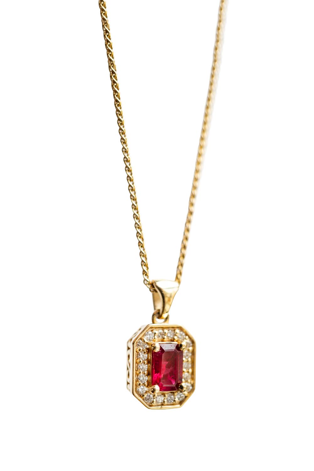 14K Ruby and Diamond Halo Pendant