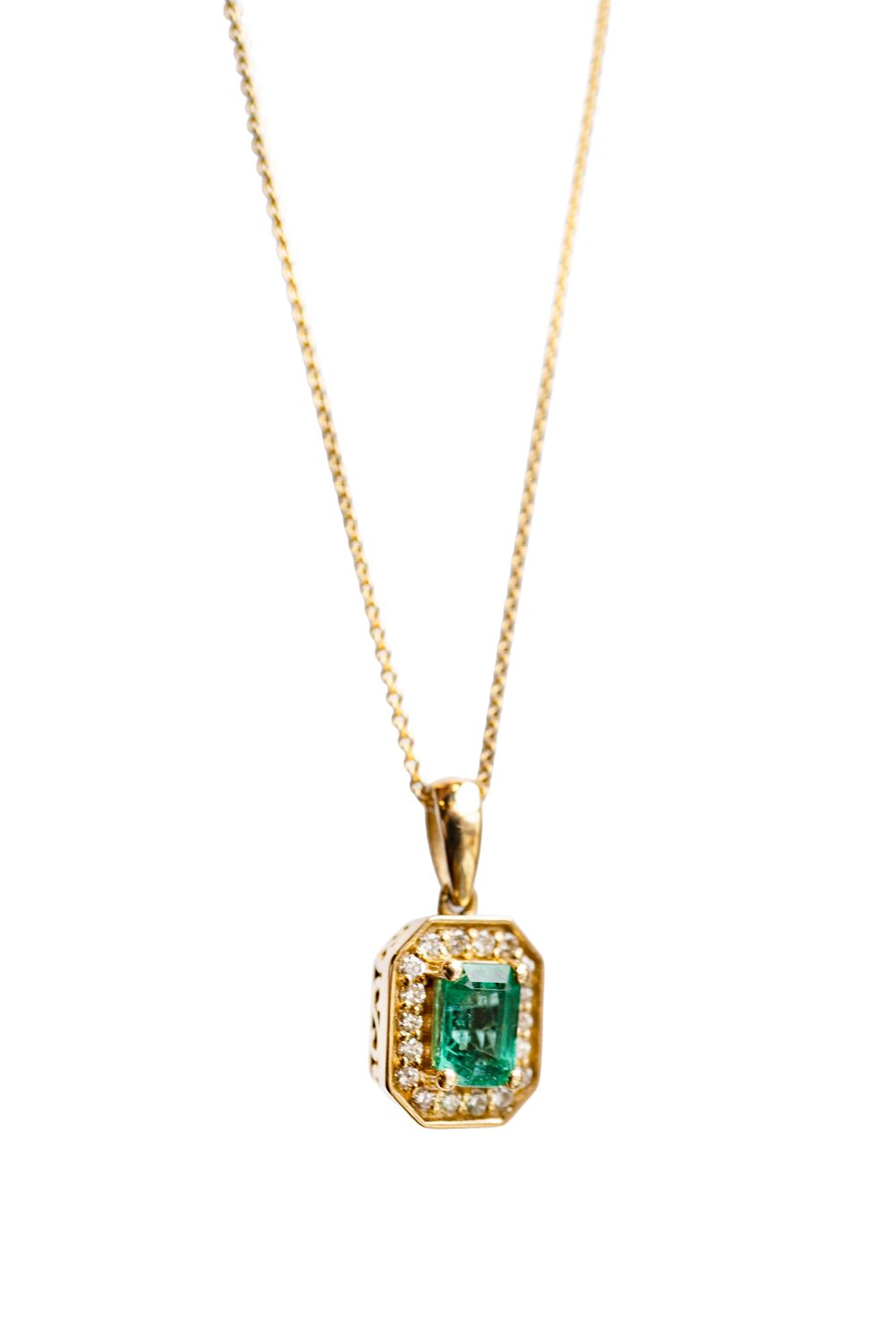 Emerald and Diamond Halo Pendant