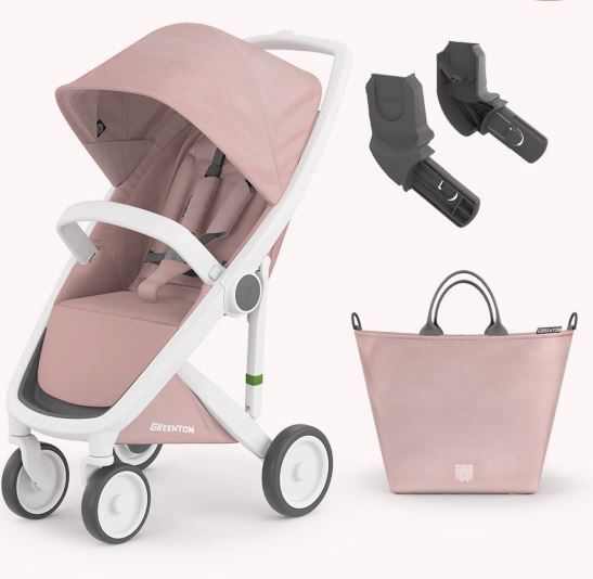 Green Tom Stroller | Kinderwagen, Design: Classic White/Blossum + tas