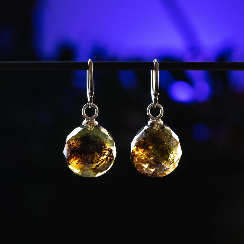 Round faceted green amber earrings