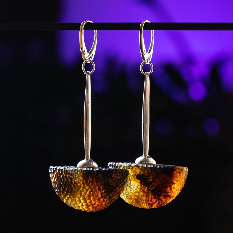 Long-stem half-moon &#39;&#39;Meteorite&#39;&#39; dangle amber earrings