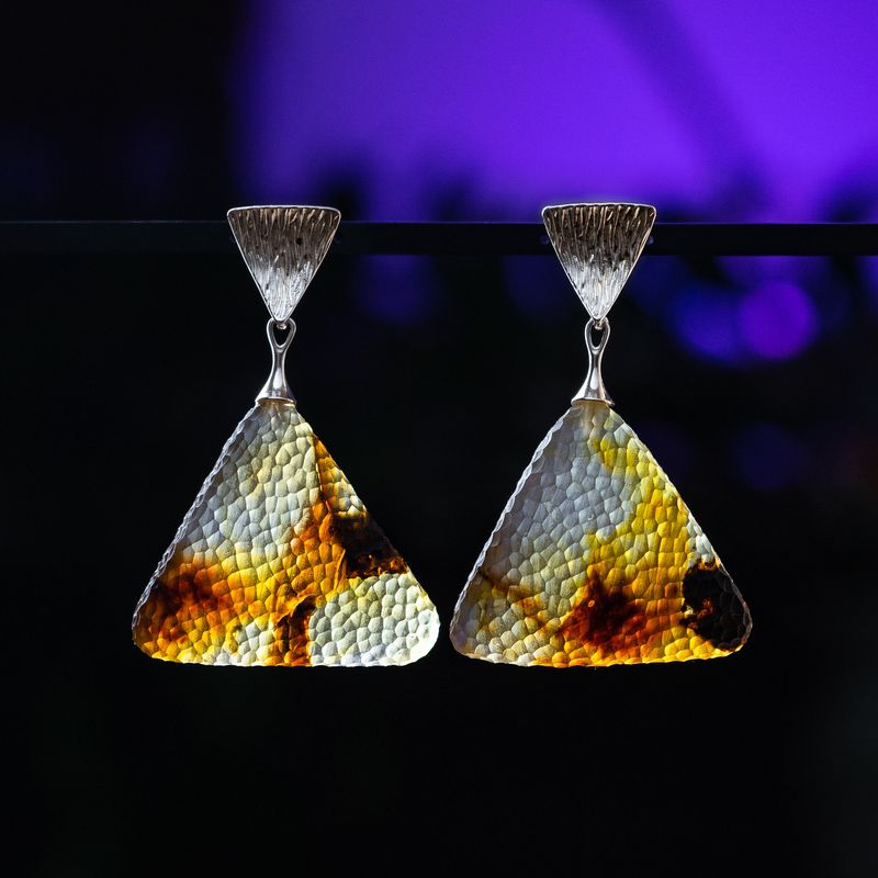 Triangle &#39;&#39;Meteorite&#39;&#39; cloudy silver petal amber earrings