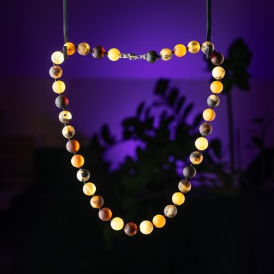 Small size round multicolored unpolished amber beads necklace