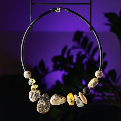 Unique premium mixed amber stones leather cord collar