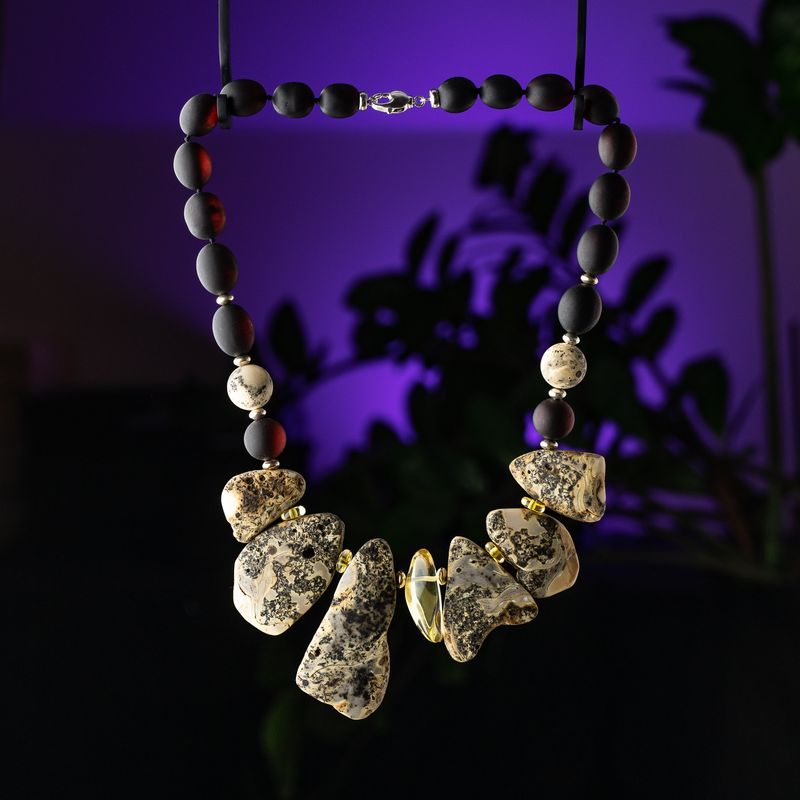 Unique premium mixed amber stones satin cherry plum beads collar