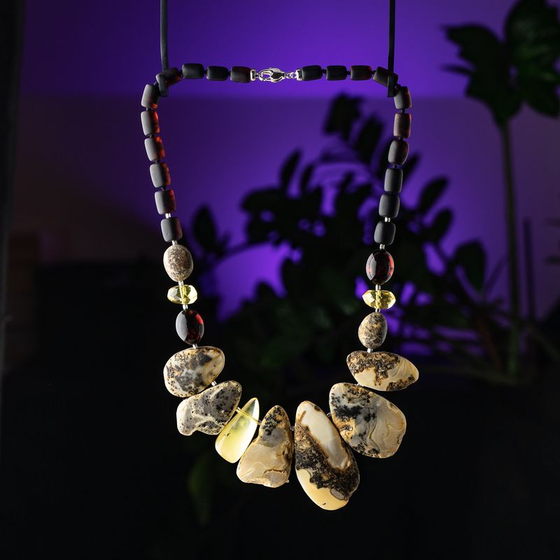 Unique premium mixed amber stones satin cherry barrel beads collar