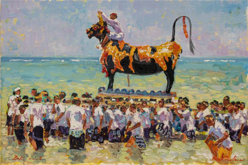 Pierre Guillaume, Ceremony cremation for Ida Bagus Oka Gotama, olieverf op canvas