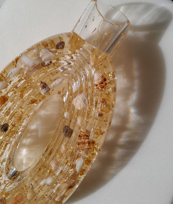 Oval Resin Vase with Seashells &amp; Gold Leaf