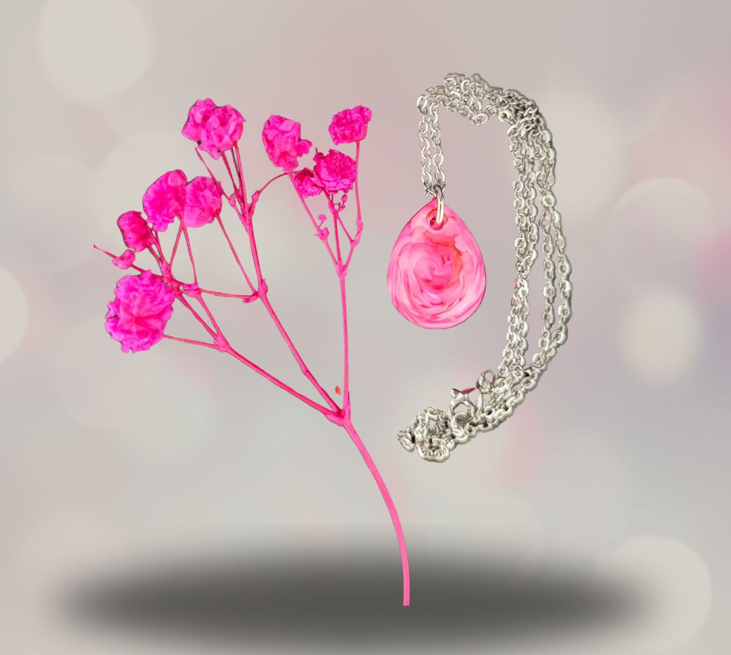 Pink teardrop resin necklace with silver chain
