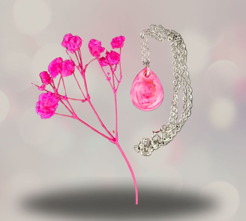 Pink teardrop resin necklace with silver chain