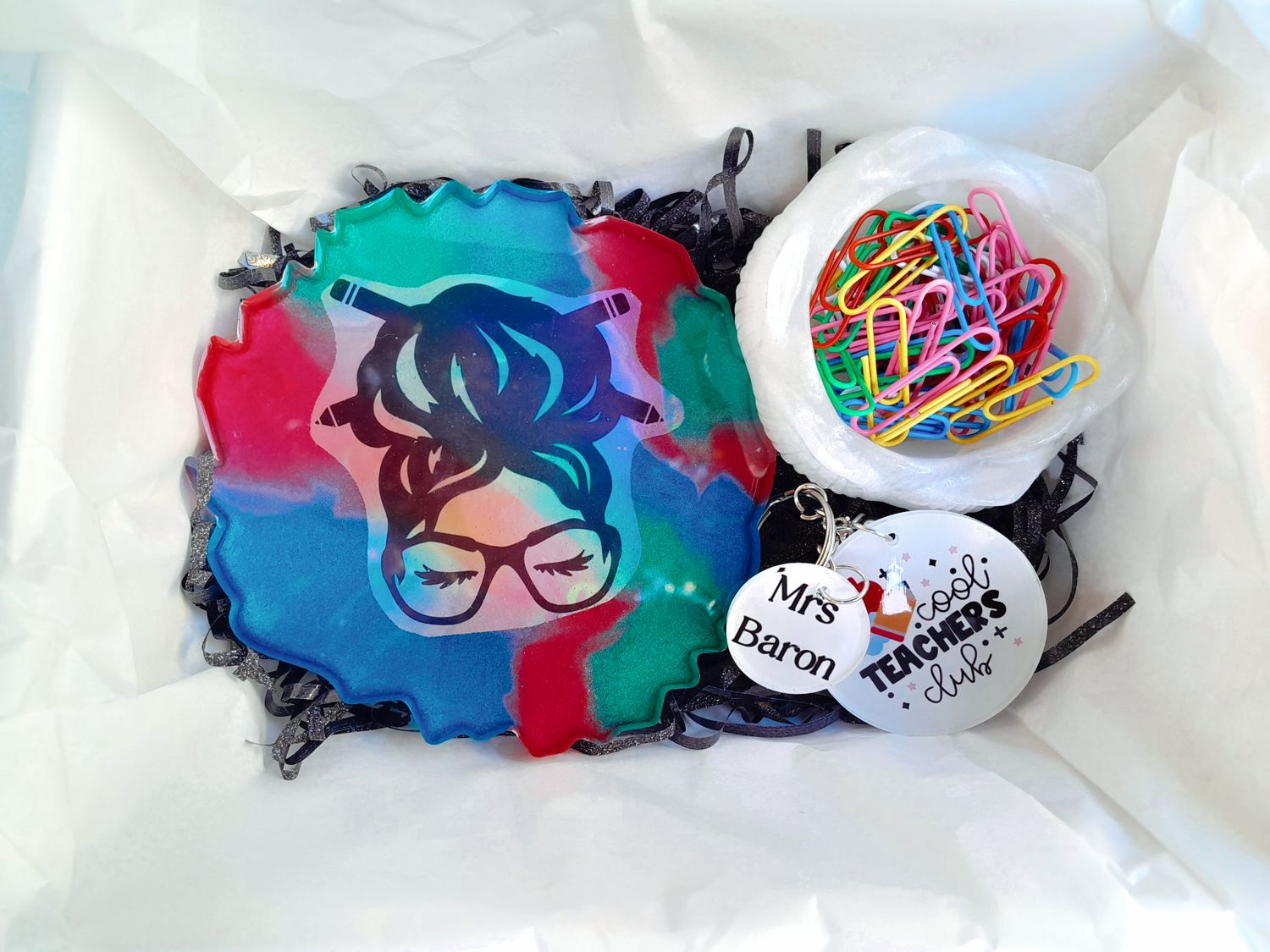 Custom Teacher’s Day Gift Box – Personalized Resin Coasters, Keyrings, Bookmarks &amp; Chocolates