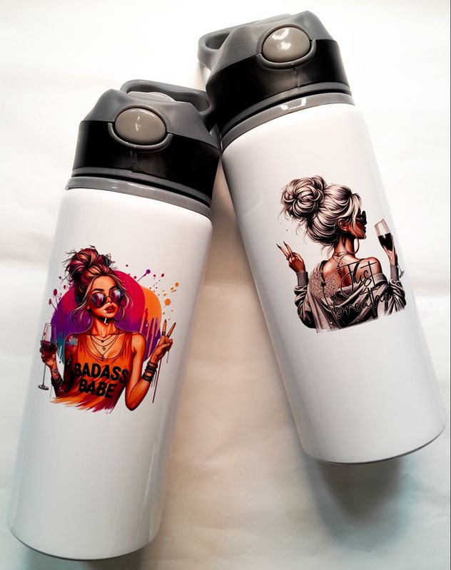 Two white sports bottles side by side featuring empowering women-inspired designs, part of the Women Empowerment Collection.
