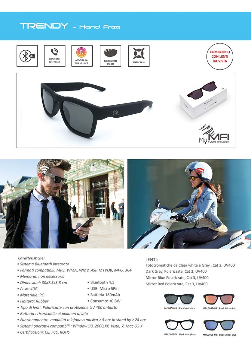TRENDY Occhiali smart glasses Bluetooth 4.0 MFI My Future Innovation TRENDY Occhiali smart glasses Bluetooth 4.0 MFI My Future Innovation
