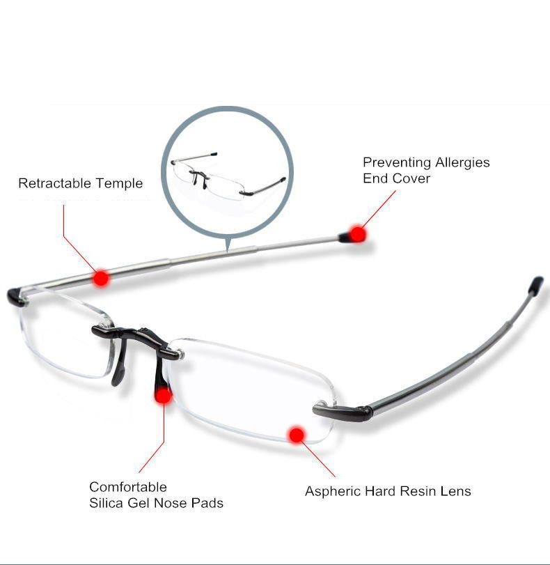 Occhiali da lettura pieghevoli senza montatura Folding Rimless quarti di diottria