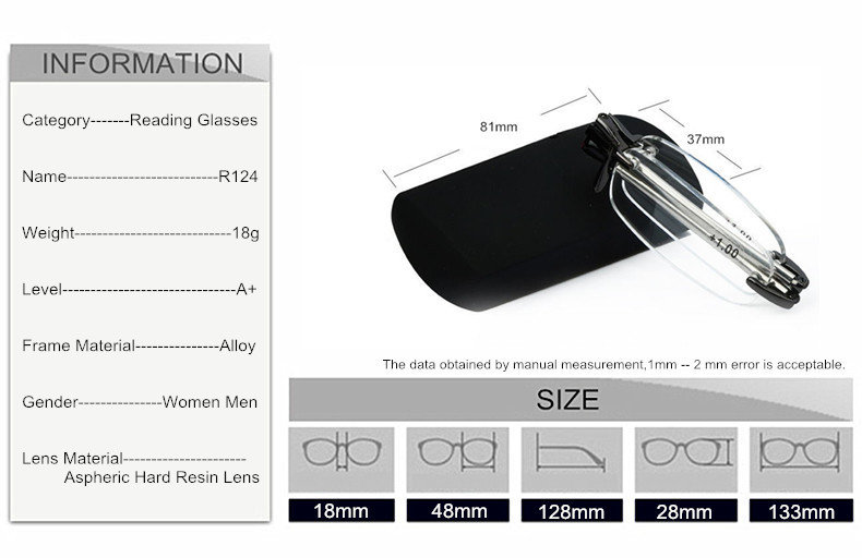Occhiali da lettura pieghevoli senza montatura Folding Rimless quarti di diottria