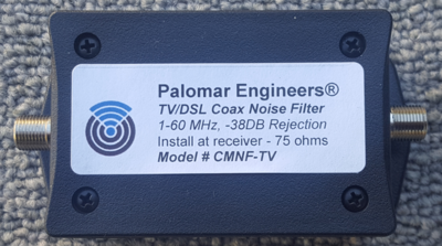 CABLE TV/Satellite RFI Coax Noise Filter, Suppresses 1-60 MHz common mode interference