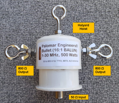 Bullet 50:800 (16:1) HF Balun, 3-30 MHz, 500/1500 Watts, T2FD, BBTD, ALE