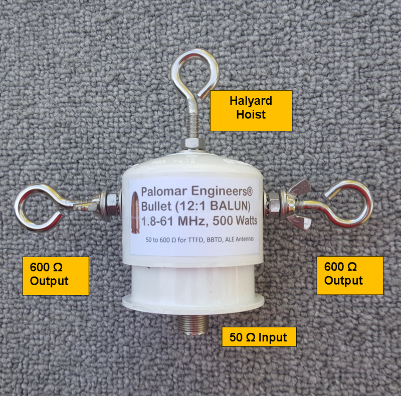 Bullet 50:600 (12:1) HF Balun, 1.8-61 MHz, 500/1500 Watts, T2FD, BBTD, ALE