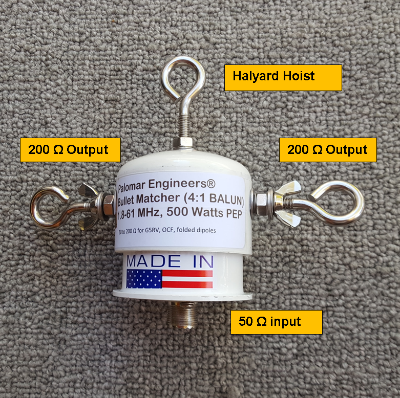 Bullet 50:300 (6:1) HF Balun, 1.8-61 MHz, 500/1500 Watts PEP, OCF, ZEPP, Folded Dipole