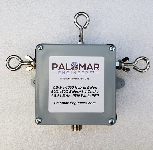 Hybrid 9:1 Current Balun + 1:1 Current Balun in one enclosure, 1.8-61 MHz, 1.5KW PEP - BBTD, T2FD Antenna, Output Connector: Side Eyebolts, Top Eyebolt/Hoist, Input Connector: SO-239