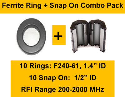 Ferrite Ring and Snap On Combo Pack - 10 Rings (1.4" ID) + 10 Snap On Beads (1/2" ID) - Mix 61 (RFI Range 200-2000 MHz) FREE USA SHIPPING Ferrite Ring and Snap On Combo Pack - 10 Rings (1.4" ID) + 10 Snap On Beads (1/2" ID) - Mix 61 (RFI Range 200-2000 MHz) FREE USA SHIPPING