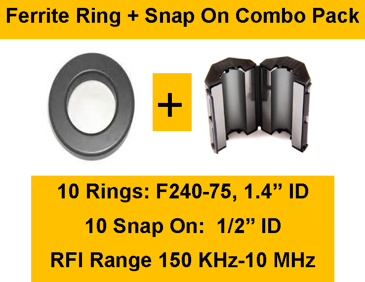 Ferrite Ring and Snap On Combo Pack - 10 Rings (1.4&quot; ID) +  10 Snap On Beads  (1/2&quot; ID) -  Mix 75 (RFI Range 150 KHz-10 MHz) FREE USA SHIPPING
