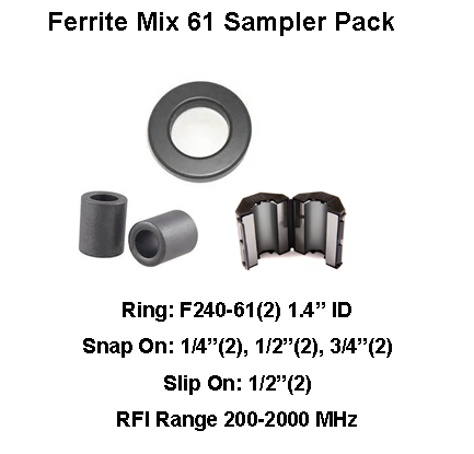 Ferrite Sampler Pack, Mix 61, RFI Range 200-2000 MHz - 10 filters - 1.4&quot; ID Ring, Snap on 1/4, 1/2, 3/4 Slip On 1/2