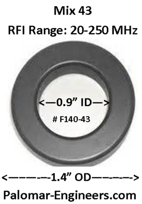 FT140-43, ID=.9", OD=1.4", RFI Range 25-300 MHz FT140-43, ID=.9", OD=1.4", RFI Range 25-300 MHz