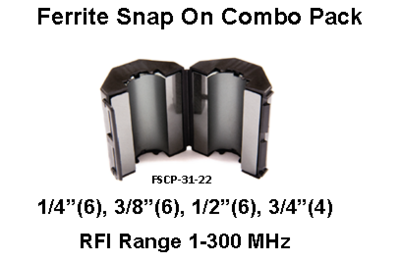 Ferrite Snap On Combo Pack, Mix 31, RFI Range 1-300 MHz - 1/4, 3/8, 1/2, 3/4 - 22 filters Ferrite Snap On Combo Pack, Mix 31, RFI Range 1-300 MHz - 1/4, 3/8, 1/2, 3/4 - 22 filters