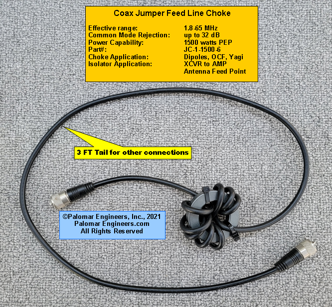 Coax Jumper Choke - RG-8X - RFI Range: 1.8-65 MHz, -30 dB Noise Reduction,  1.5KW PEP, 3 FT "Tail"
