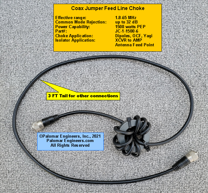 Coax Jumper Choke - RG-8X - RFI Range: 1.8-65 MHz, -30 dB Noise Reduction, 1.5KW PEP, 3 FT &quot;Tail&quot;