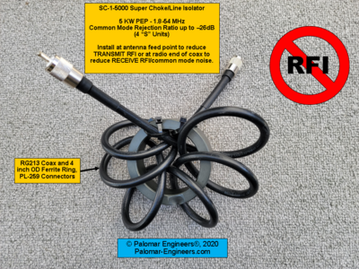 Super Choke - RFI Range: 1.8-54 MHz, -26 dB Common Mode Noise Reduction,  5 KW PEP, RG213/LMR400 - 3 inch ID Ring