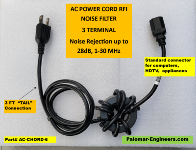 AC Power Cord Choke + Power Cord- 120VAC  RFI Range: 1-30 MHz, -28 dB Noise Reduction, 15 Amp