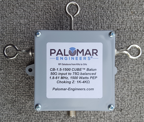50:75 ohm (1.5:1) CUBE™ Balun/Unun, 1.8-61 MHz, 1.5KW PEP, Dipole, Output Connector: Eyebolts on Side/Top Eyebolt (balun), PEP Rating: 1500 Watts PEP