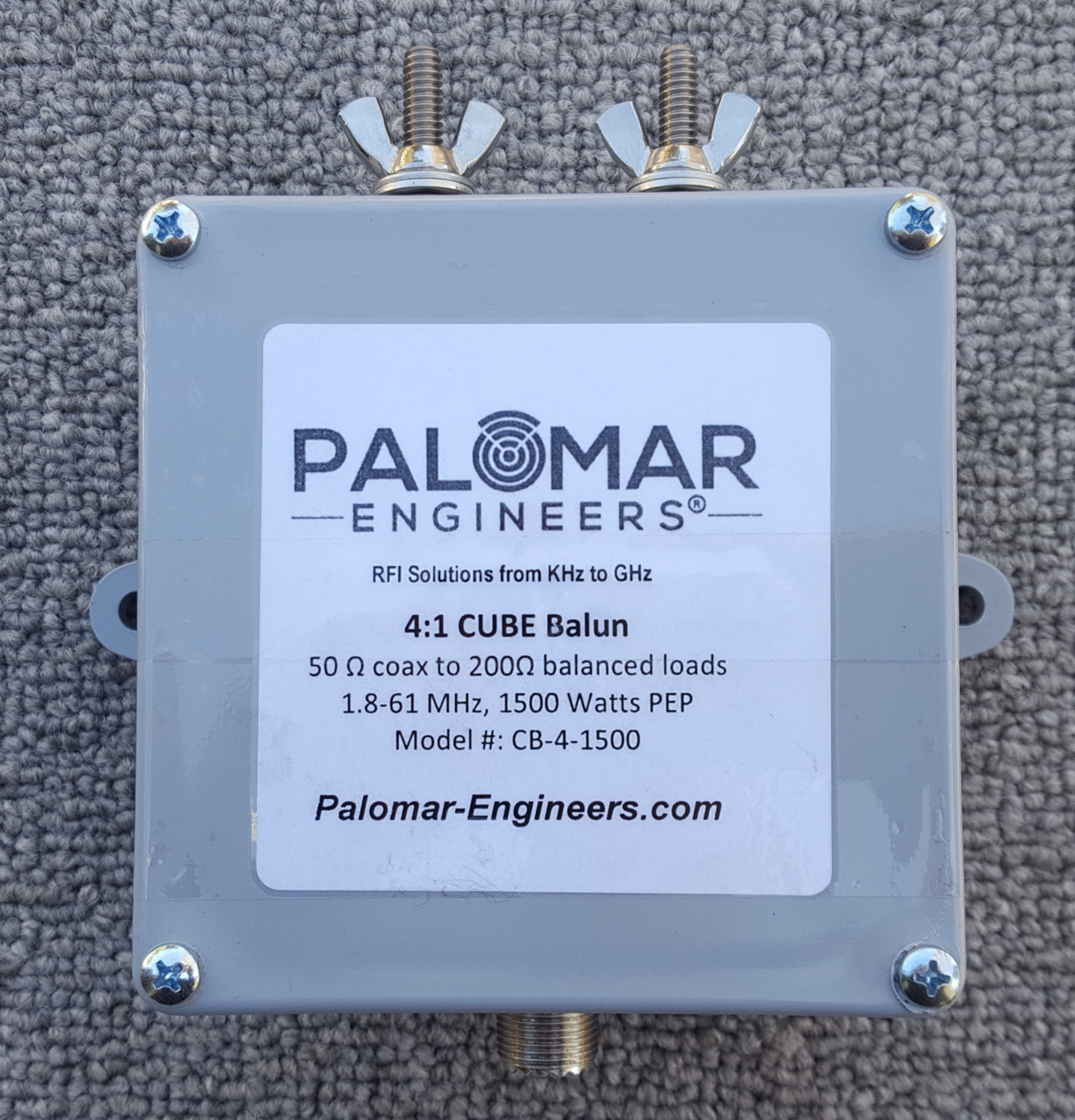 50:200 (4:1) CUBE™ Current Balun, 1.8-61 MHz, 1.5KW - Loop, OCF, Folded Dipole useful to 200 MHz, Select Output Connector: Top studs (2) with wing nuts