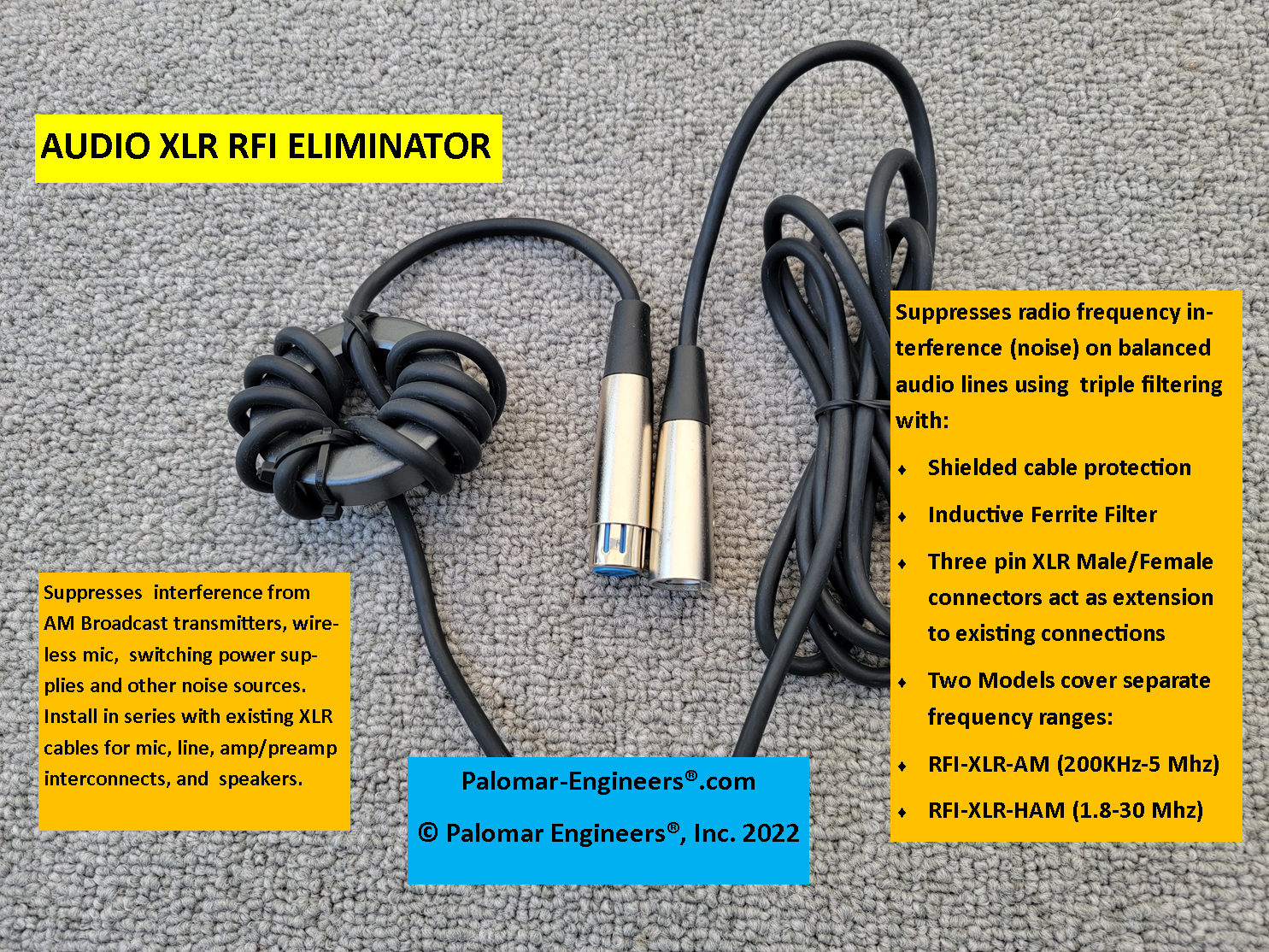 Audio RFI Suppressor for XLR cables - Simple in line filtering with  male/female extension, Select AM Broadcast or Ham Band Filter Range