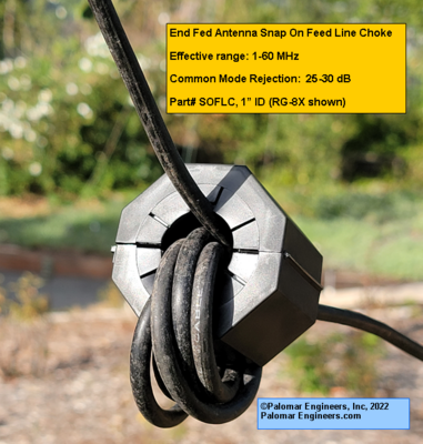 Snap On End Fed Feed Line Choke for Non-Resonant and End Fed Half Wave Antennas, RG8X, RG8, up to 38 dB common mode suppression
