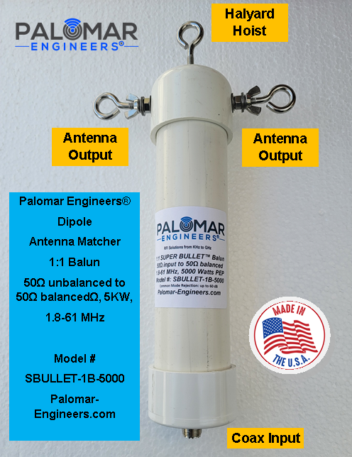 Super Bullet 50:50 (1:1) HF Balun + Optional Dipole Kit - .1-61 MHz, 5000 Watts PEP, up to 60 dB noise reduction