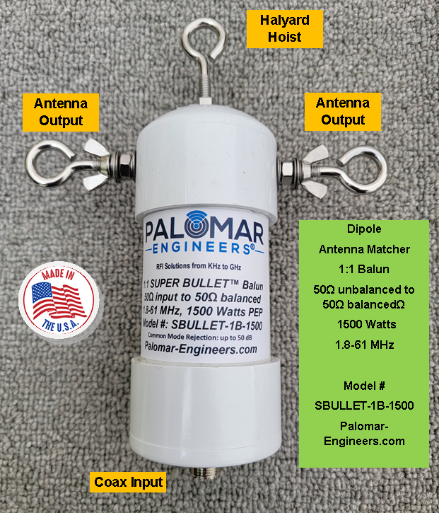 Super Bullet 50:50 (1:1) HF Balun + Optional Dipole Kit - .1-61 MHz, 1500 Watts PEP, up to 38 dB noise reduction