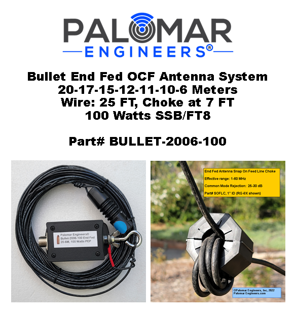 Bullet End Fed OCF Antenna System, 100-1500 Watt Options, 25 Feet, 20-6 meters+WARC, Vertical Radiator for Easy DX, SOTA, POTA, PEP Power Level: 100 Watts