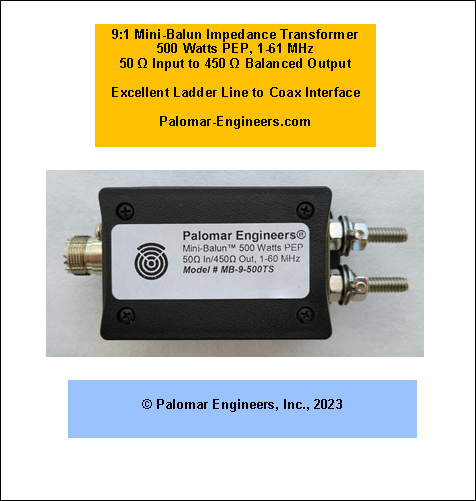 MINI-BALUN 9:1, Top Studs output, 500 Watts PEP,   1-61 MHz
