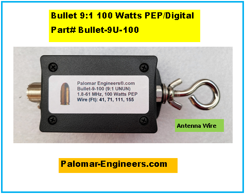 Bullet End Fed Antenna System with 9:1 Matching Unit, Antenna Wire, + Feedline Choke - 100/500/1500 Watt, 41&#39; (40-6M), 71&#39; (80-6M)/111&#39;(80-6), 155&#39;(160-6M)/173&#39;(AM, 160-6M) Options - FREE USA Shipping, Power rating: 100 Watts PEP, Antenna Wire Length: 41 Feet (40-6M)
