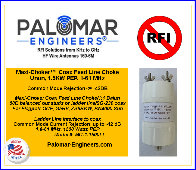 MAXI-CHOKER Coax Line Isolator/Balun, 1-61 MHz, 1.5/3KW, SO-239 In/Stud Output, FLAGPOLE OCF, G5RV, ZS6BKW, Hygain BN86/4000 Replacement, Ladder Line-Coax interface, PEP Power: 1500 Watts