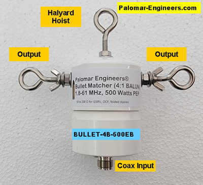 Bullet 50:200 (4:1) HF Balun, 1.8-61 MHz, 500/1500 Watts PEP, Loop, OCF, ZEPP