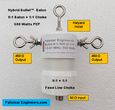 Bullet Hybrid (9:1) HF Balun + 1:1 Choke, 1.8-61 MHz, 500 Watts, T2FD, BBTD, ALE