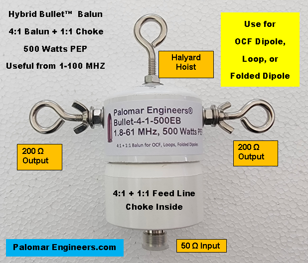 Bullet Hybrid (4:1) HF Balun + 1:1 Choke, 1.8-61 MHz, 500/1500 Watts, OCF, Loop, Folded Dipole Antennas