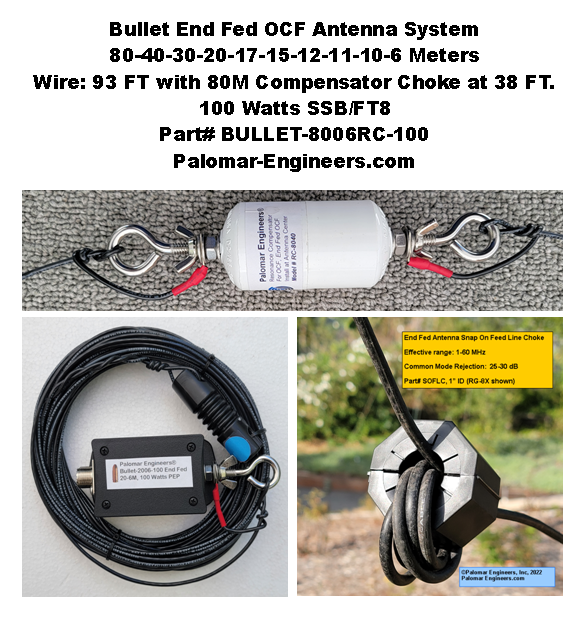 Bullet End Fed OCF Antenna System, 100/500/1500 Watt Options, 95 Feet, 80-6M, 80M SWR Compensation Bullet End Fed OCF Antenna System, 100/500/1500 Watt Options, 95 Feet, 80-6M, 80M SWR Compensation
