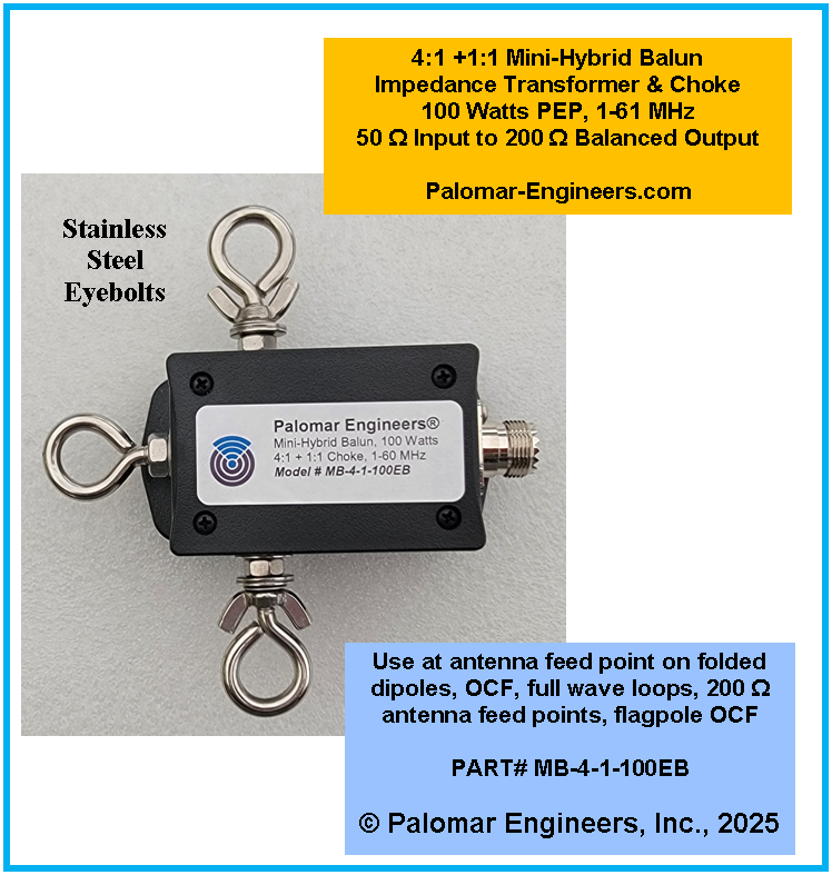 MINI-BALUN 4:1 +1:1 Hybrid for Loop, OCF antennas  100 Watts PEP,   1-61 MHz