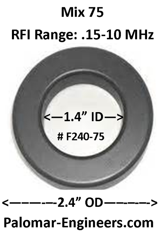 FT240-75, ID=1.4&quot;, AC/DC/Coax Noise Filter, RFI Range .15-10 MHz, 10 Pack